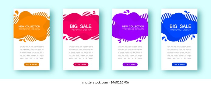 Set of four fashionable liquid flyers. For an invitation, for advertising, to attract customers. Orange, red, purple, blue. With a shadow. With a button.