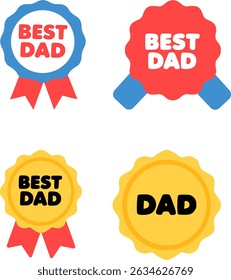set of four father's day vector badges with fun text, celebrating love, heroism, and appreciation for fathers.