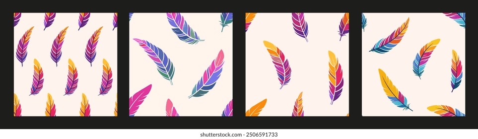 Set of four feathers seamless vector color patterns. Purple, pink, yellow, orange, blue color feathers. Vector colorful flat design patterns. Bird feathers vector seamless patterns.