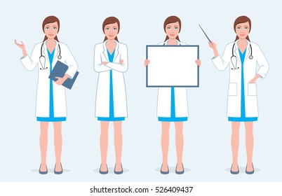 Set of four female doctors character in different poses