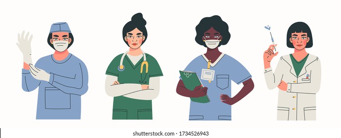 Set of four female Doctors standing with clipboard, stethoscope, syringe, rubber gloves. Health Care concept. Hand drawn trendy Vector illustrations. Every lady is isolated