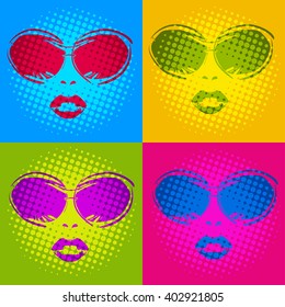 set of four female image presentation in sunglasses in a pop art style.