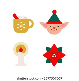 A set of four festive Christmas icons, including a cup of hot chocolate, a smiling elf, a lit candle, and a poinsettia flower, all in a flat design on a white background. Vector illustration