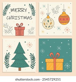 Set of four festive Christmas illustrations featuring holiday elements: gift boxes, ornaments, a Christmas tree, and seasonal greenery. Simple, cheerful design with snowflakes and warm colors