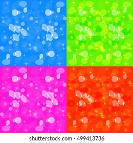 Set of four festive designs with bokeh. Stars circles and ellipses with transparency and glow in the purple, red, and blue zedenom backgrounds.
