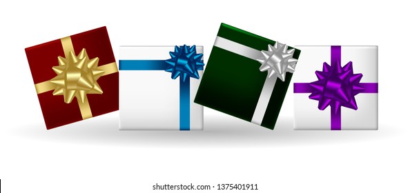 Set of four festive gift boxes decorated with ribbons and bow. Isolated objects on a white background, vector illustration