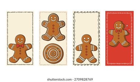 Set of four festive greeting card designs with smiling gingerbread man cookies, some with bites taken, on decorative backgrounds.