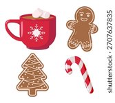 Set of four festive holiday illustrations red mug with marshmallows, gingerbread man cookie, Christmas tree-shaped cookie with icing and sprinkles, and red-and-white striped candy cane