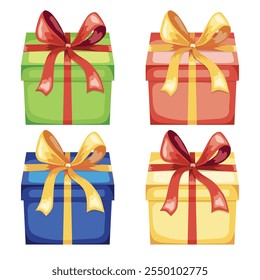 Set of four festive vector gift boxes in different colours green gift box with the red baw, red box with the yellow baw, blue gift box with the yellow baw, yellow gift box with the red baw