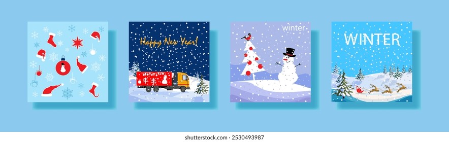 A set of four festive winter posters featuring snowy landscapes, holiday decorations, a cheerful snowman, a truck, and reindeer, perfect for seasonal celebrations.