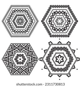 Set of four filigree octagon mandalas for coloring book, stamp, black isolated on white background