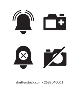 Conjunto de cuatro iconos llenos de campana y cámara que muestran diferentes estados.
