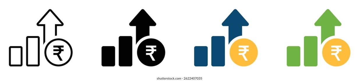 Set of four financial growth icons with indian rupee symbol. Concept of economic development, investment growth, business success, and financial progress with bar chart and upward arrow. Vector icons.