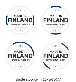 Set of four Finnish icons, English title Made in Finland, premium quality stickers and symbols, internation labels with stars, simple vector illustration isolated on white background