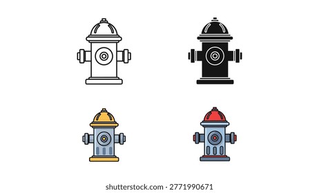 A set of four fire hydrant graphics, including an outline, silhouette, a yellow painted hydrant, and one with a red top. These are versatile for emergency services, urban scenes, or safety campaigns.