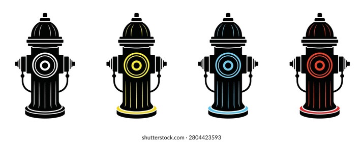 Set of four fire hydrant icons in different colors for urban safety and emergency design projects.
