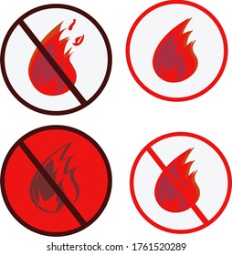 Juego de cuatro señales de fuego en un símbolo de prohibición de círculo rojo