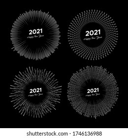 Set of four fireworks with inscription 2021 and Happy New Year. White line rays  isolated on black background. Vector illustration