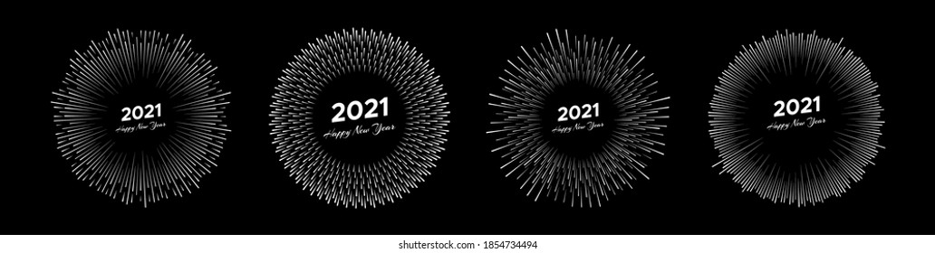 Set of four fireworks with inscription 2021 and Happy New Year. White line rays  isolated on black background. Vector illustration