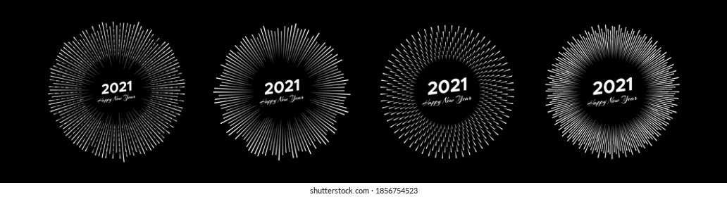 Set of four fireworks with inscription 2021 and Happy New Year. White line rays  isolated on black background. Vector illustration