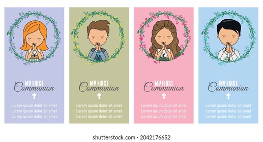 Set of four first communion invitation cards. Girls and boys praying. Space for text svg