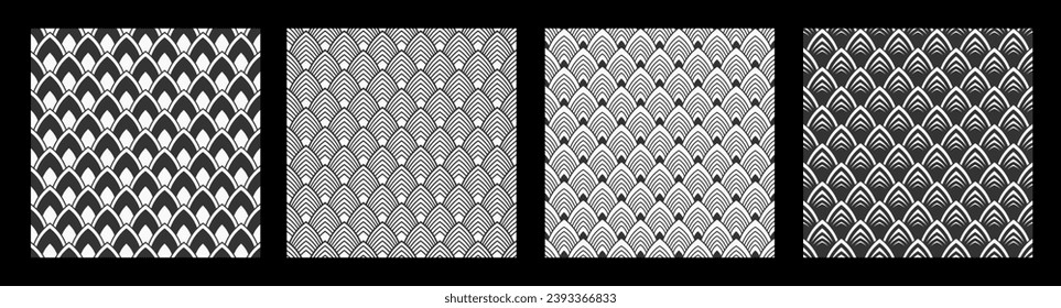 Set of four fish, dragon, snake scales seamless vector patterns. Repeated black curves, geometric shapes, isolated on white background. Regular vector ornaments. Black and white vector patterns.