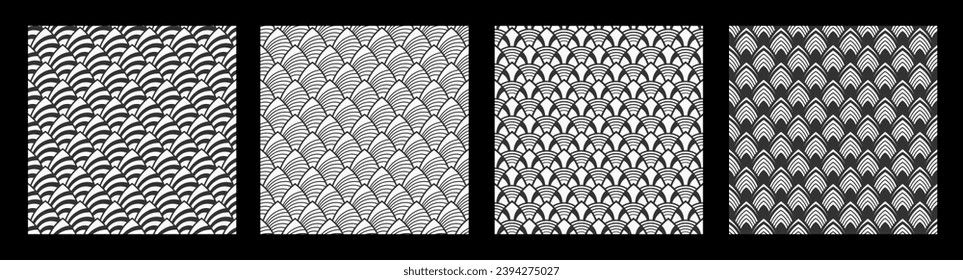 Set of four fish, dragon, snake scales seamless vector patterns. Repeated black curves, geometric shapes, isolated on white background. Regular vector ornaments. Black and white vector patterns.