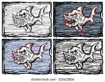 Set of four fish in woodcut style