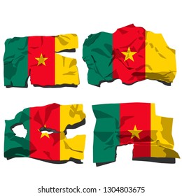 set of four flags, illustration of torn flags, Cameroun flag, vector isolated on white background