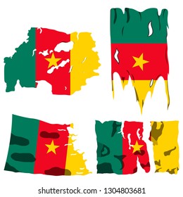 set of four flags, illustration of torn flags, Cameroun flag, vector isolated on white background