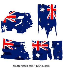 set of four flags, illustration of torn flags, Australia flag, vector isolated on white background