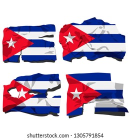 set of four flags, illustration of torn flags, Cuba flag, vector isolated on white background