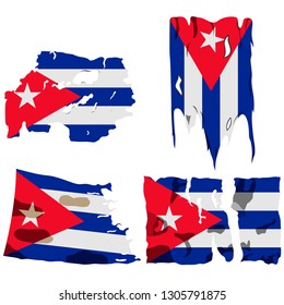 set of four flags, illustration of torn flags, Cuba flag, vector isolated on white background