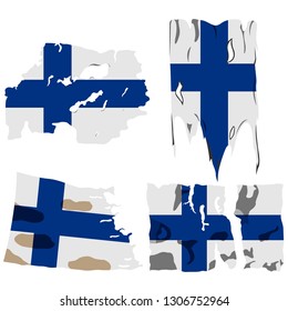 set of four flags, illustration of torn flags, Finland flag, vector isolated on white background
