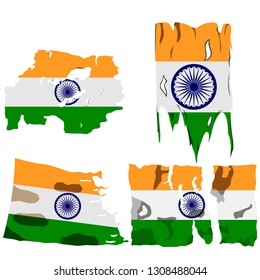set of four flags, illustration of torn flags, India flag, vector isolated on white background