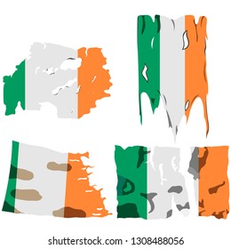 set of four flags, illustration of torn flags, Ireland flag, vector isolated on white background
