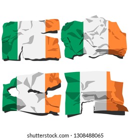set of four flags, illustration of torn flags, Ireland flag, vector isolated on white background