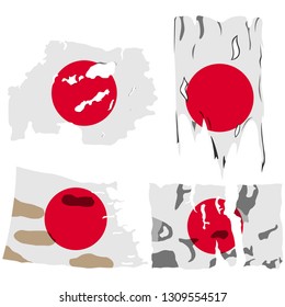 set of four flags, illustration of torn flags, Japan flag, vector isolated on white background