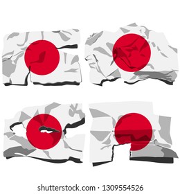set of four flags, illustration of torn flags, Japan flag, vector isolated on white background