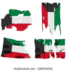 set of four flags, illustration of torn flags, Kuwait flag, vector isolated on white background