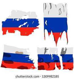 set of four flags, illustration of torn flags, Russia flag, vector isolated on white background
