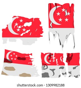 set of four flags, illustration of torn flags, Singapore flag, vector isolated on white background