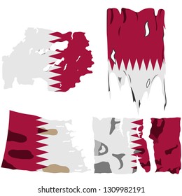 set of four flags, illustration of torn flags, Qatar flag, vector isolated on white background