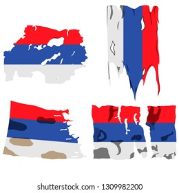 set of four flags, illustration of torn flags, Republika Srpska flag, vector isolated on white background