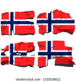 set of four flags, illustration of torn flags, Norway flag, vector isolated on white background