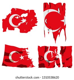 set of four flags, illustration of torn flags, Turkey flag, vector isolated on white background
