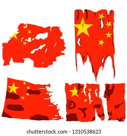 set of four flags, illustration of torn flags, people's Republic of China flag, vector isolated on white background