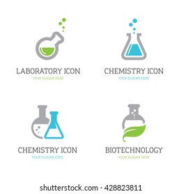 Set Of Four Flask Icons For Chemistry, Chemical Research Laboratory, Science, Biotechnology Logo Design Concepts
