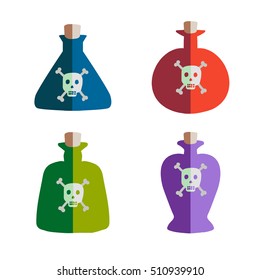 A set of four flasks of poison with skull and crossbones label on it. Blue triangular flask. Red round vial. Green square classic bottle. Purple phial. Fantasy-themed game concept.