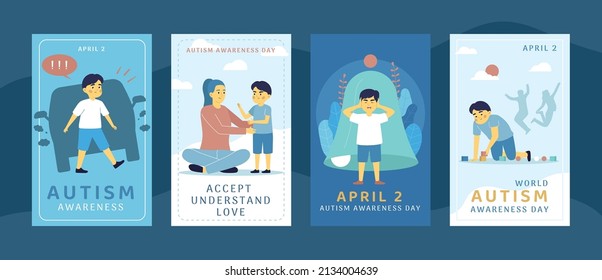 Set of four flat autism awareness world day cards isolated on color background vector illustration